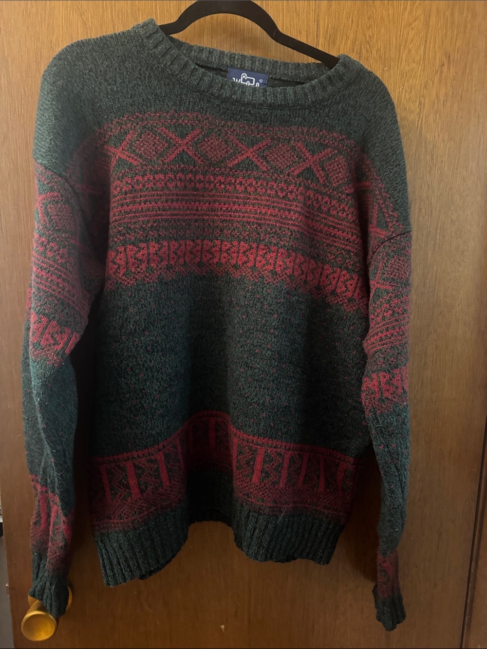 Woolrich Dark Green and Red Geometric Crewneck Sweater